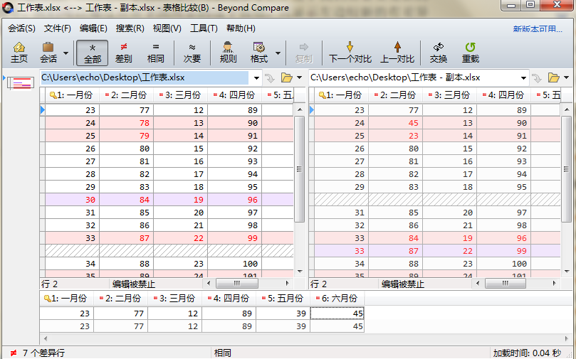 Beyond Compare表格比较会话操作界面图例