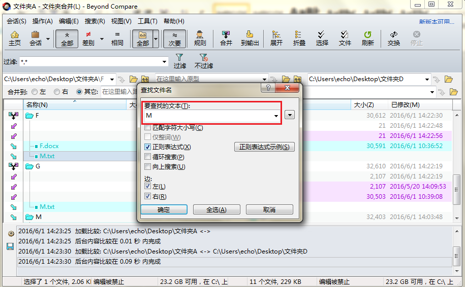 Beyond Compare文件夹合并设置查找文件名操作界面图例